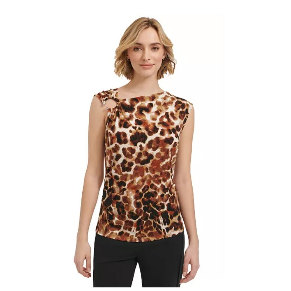 4680) Calvin Klein Sleeveless Asymmetrical Neck Animal Print Top Medium